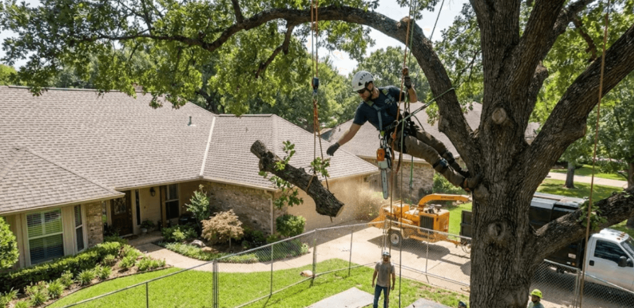 A professional arborist safely removes a large tree to protect the home and property
