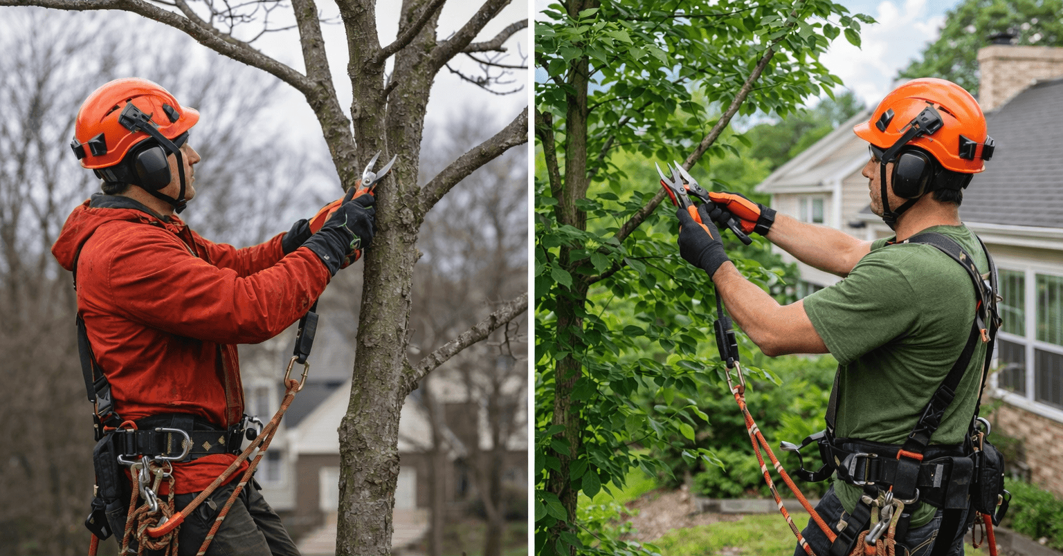 An arborist pruning a tree during the dormant season compared to summer pruning on a Nashville residential property