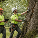 Certified arborists performing tree assessment in a Franklin, TN residential area