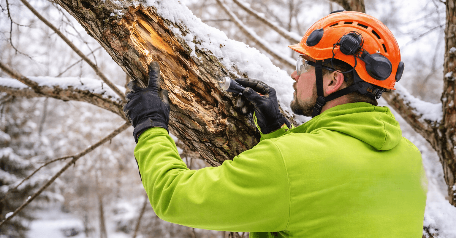 Licensed & Insured arborist inspecting winter tree damage in Davidson County, Tennessee