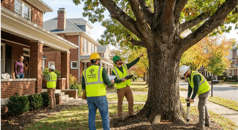  Certified arborists performing tree assessment in a Franklin, TN residential area 