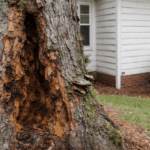 Cracked tree trunk near a home showing structural failure risk