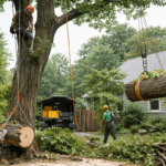 Tree removal in progress on suburban lawn