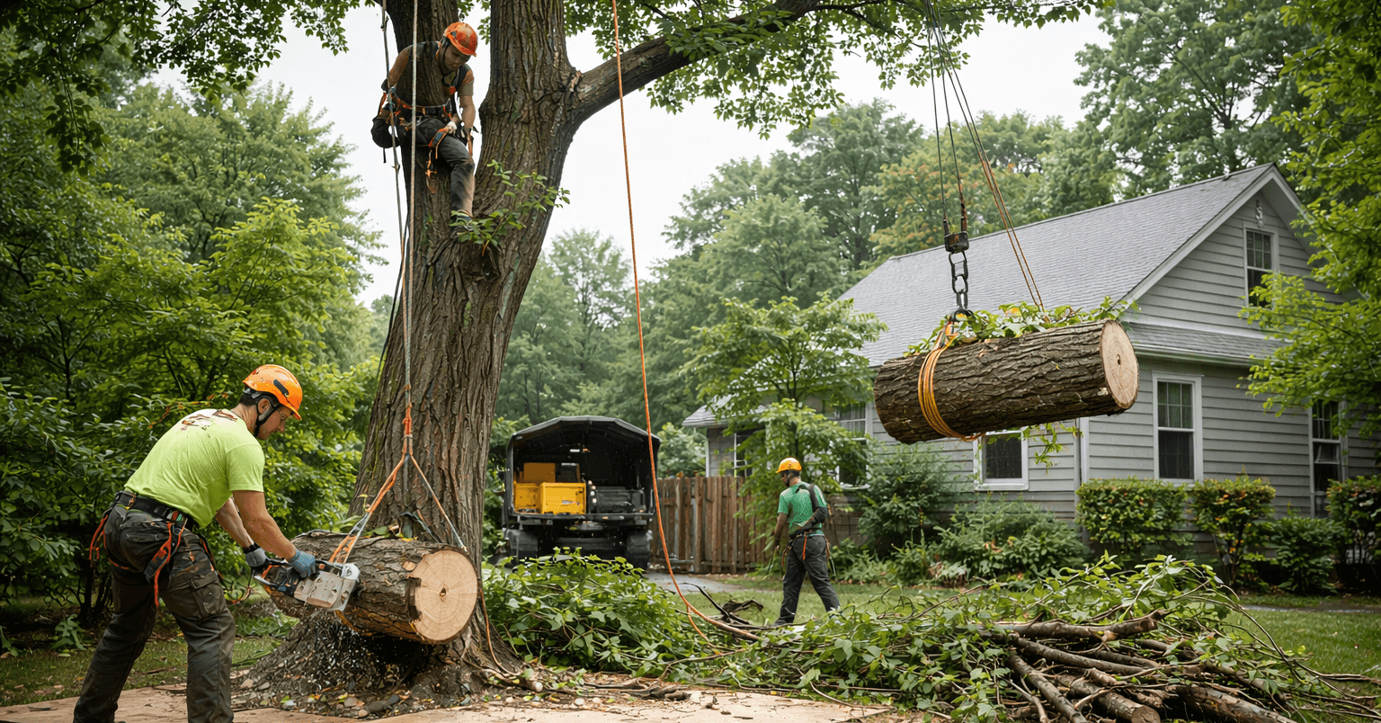 Tree removal in progress on suburban lawn