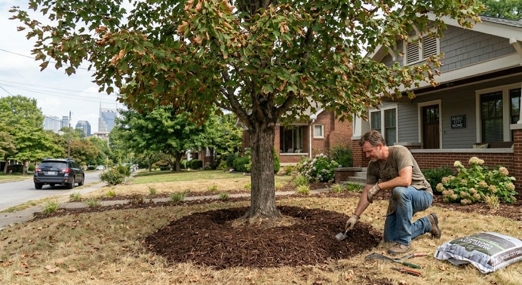 Homeowner applying organic mulch in a proper donut shape around a tree trunk