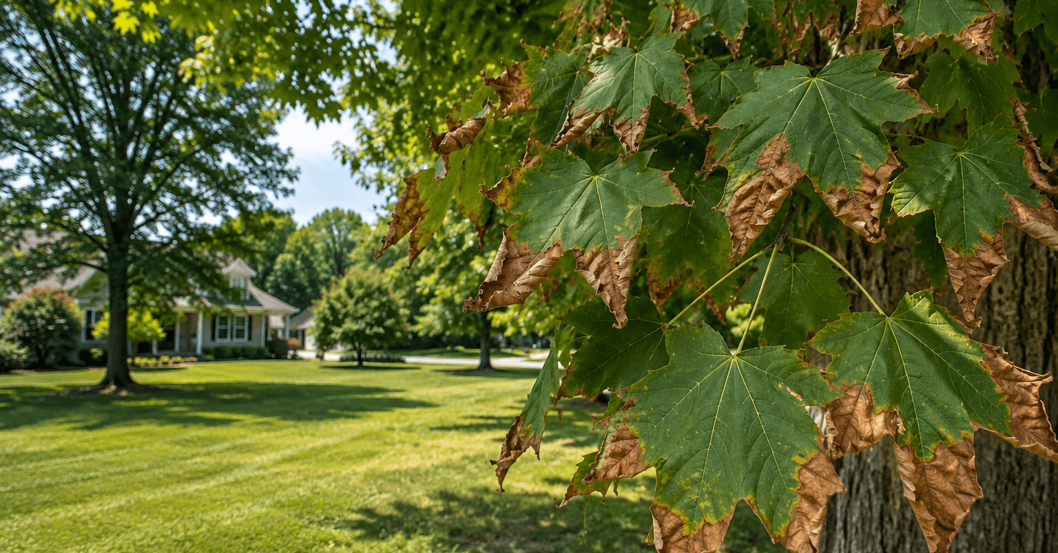 drought-stressed Sugar Maple tree with brown leaf edges in Nashville Tennessee summer heat