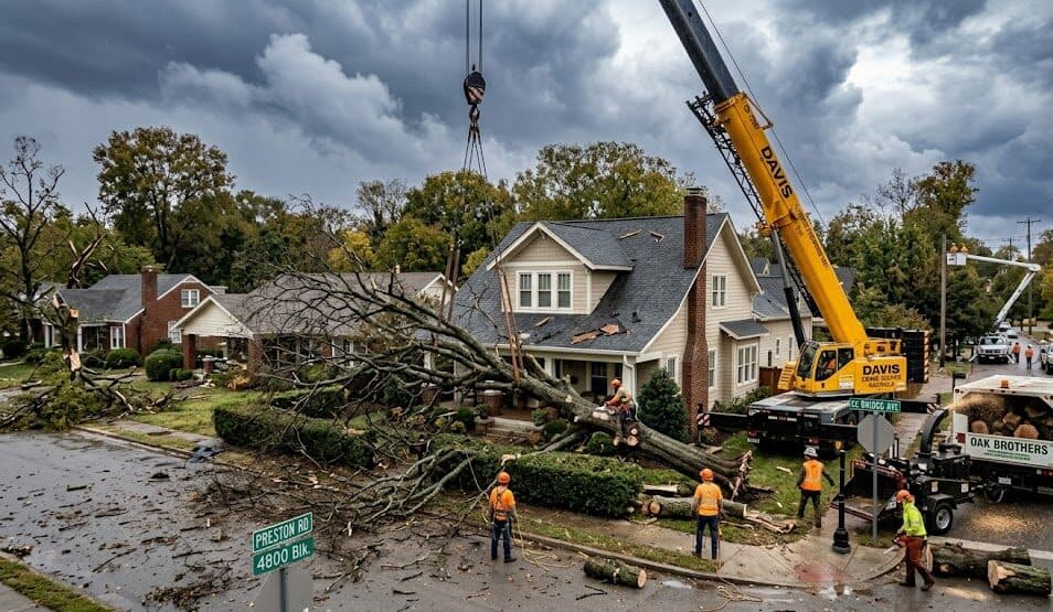 Emergency tree removal crew clearing a fallen oak tree from a Nashville property after a severe storm.