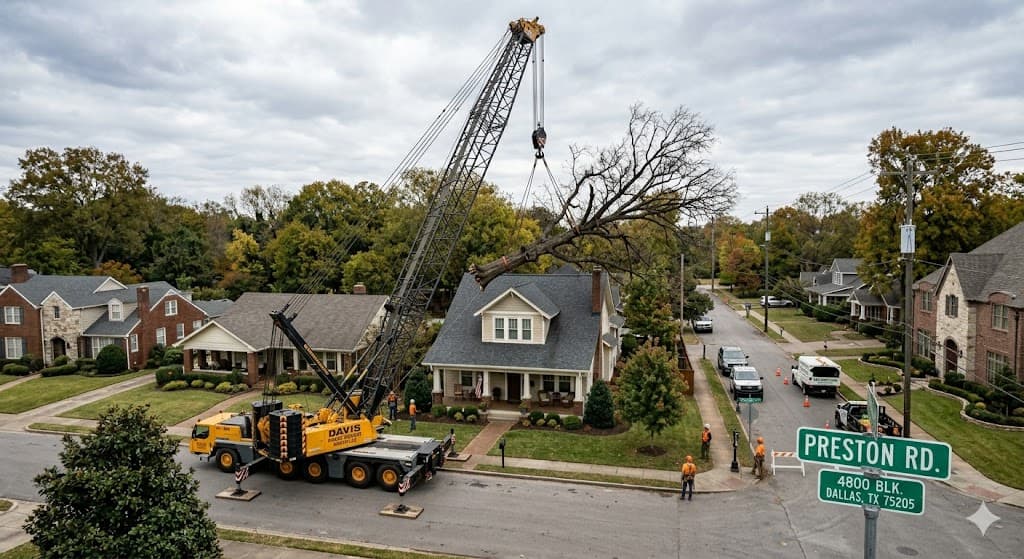 Large crane lifting a hazardous oak tree over a residential home in Nashville Tennessee