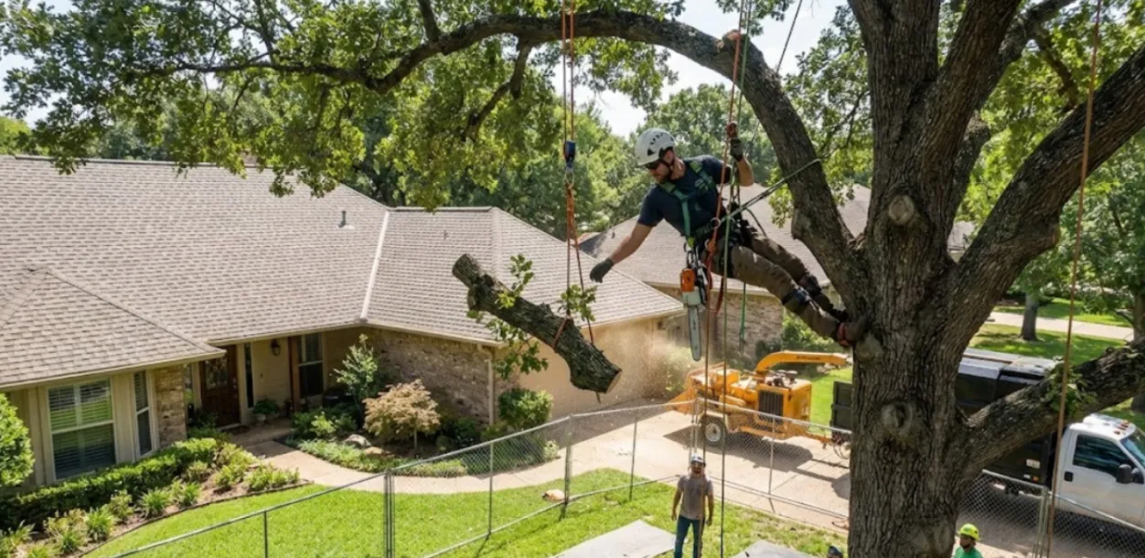 A professional arborist safely removes a large tree to protect the home and property