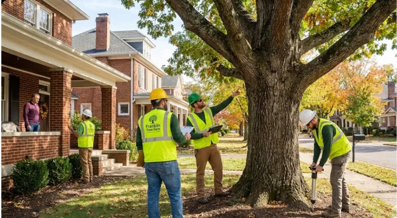  Certified arborists performing tree assessment in a Franklin, TN residential area 